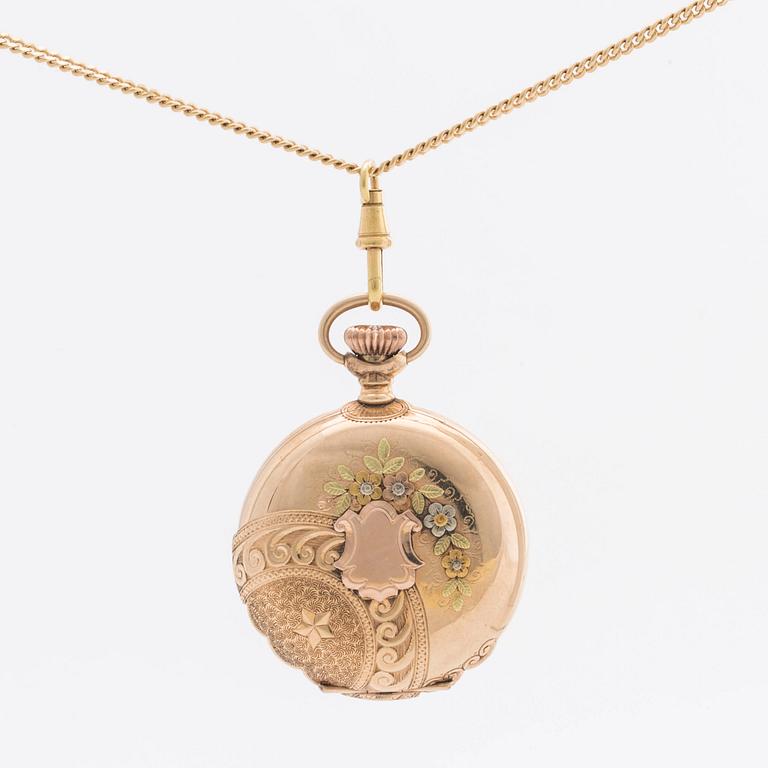 POCKET WATCH 14K gold Waltham and CHAIN 18K gold w 7 old-cut diamonds, 33 mm.