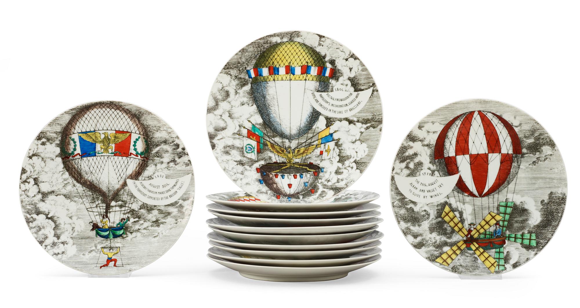A set of twelve Piero Fornasetti 'Mongolfiere' plates, Milan, Italy.