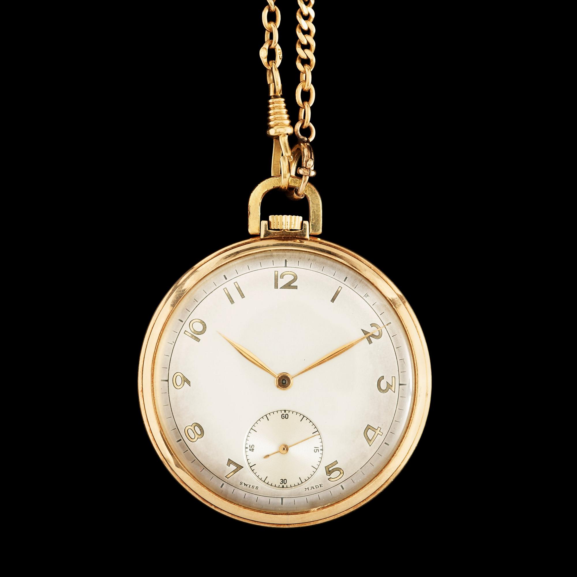 Fickur med Klockkedja, 14k resp kedja 18k guld. Tillverkad i Schweiz, 1900-talets mitt. 46mm.