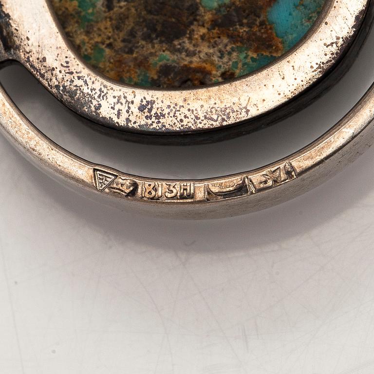 Bracelet, pendant and earrings, silver, turquoise, Tillander, Helsinki, 1950s.