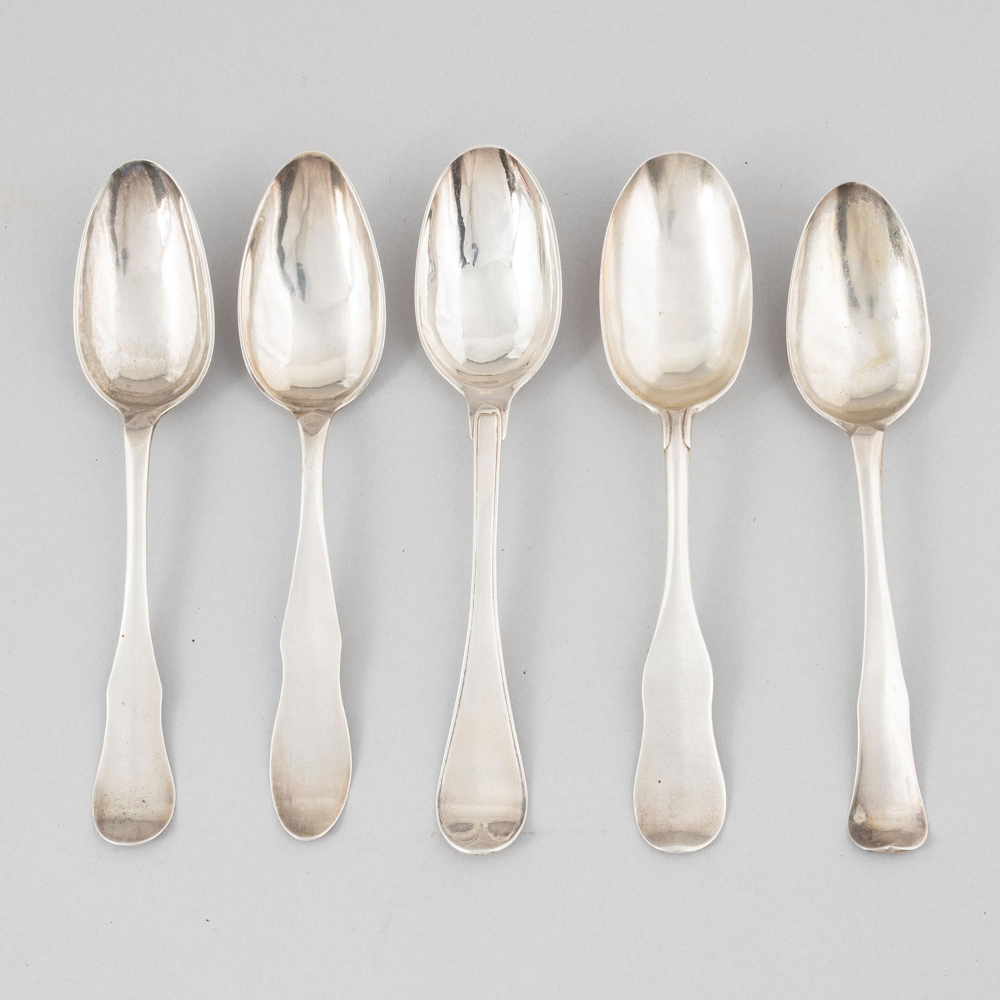 Skedar, 5 st, silver, bl a Stephan Westerstråhle, Västervik 1766.