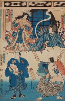 Utagawa Kunisada, two woodblock prints, Japan, before 1842, an a woodblock print by unknown artist, Japan, 1862.