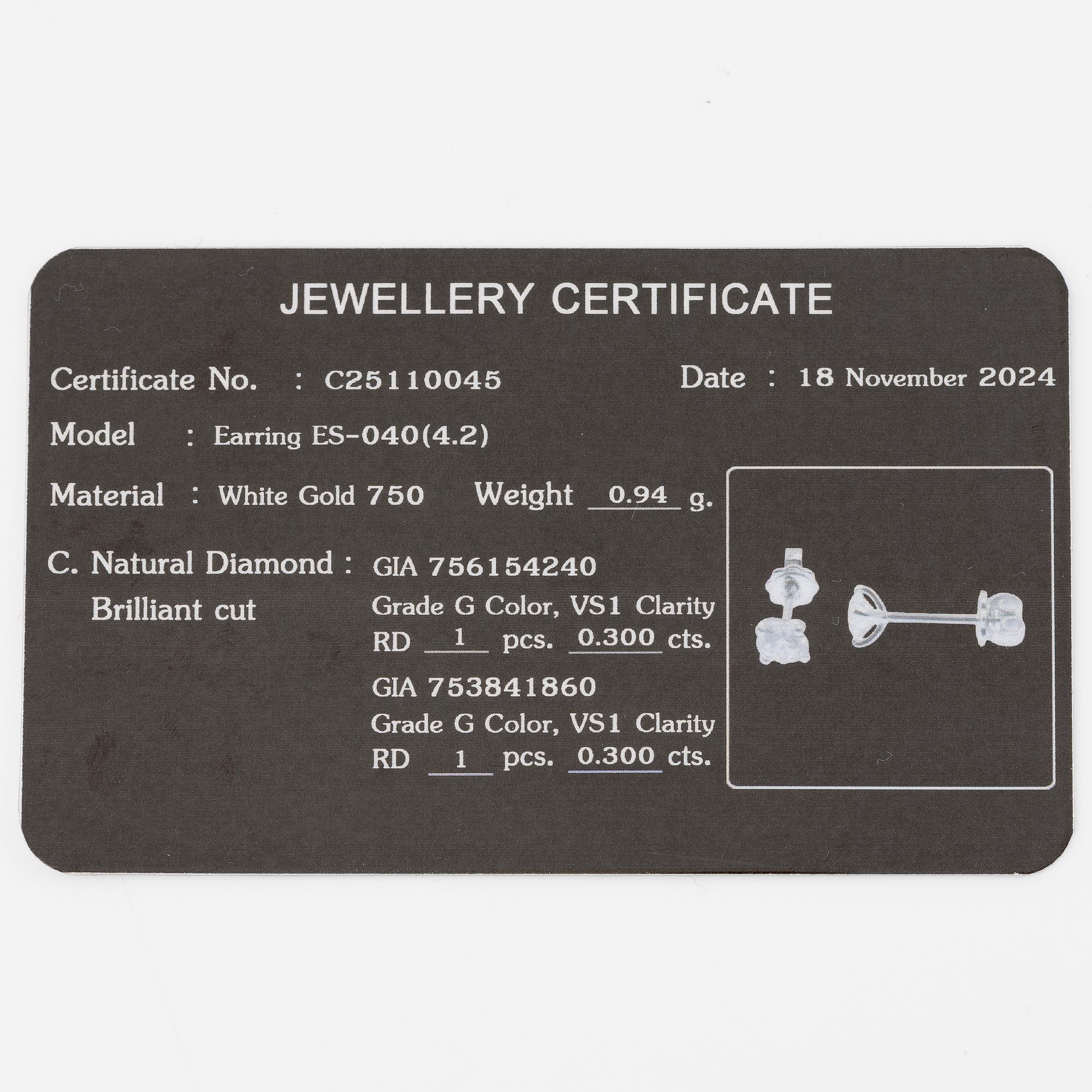 Earrings 18K white gold with brilliant-cut diamonds, accompanying GIA dossier.