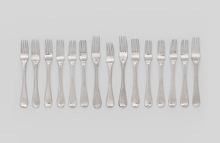 A set of 15 Swedish 18th century silver forks, marks of Lars Boye, Stockholm 1781 and.