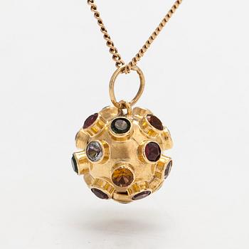 Pendant, sputnik model, 17K gold, with multicoloured gemstones, 14K gold chain.