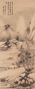 A Chinese scroll painting, ink and colour on paper, Qing dynasty.
