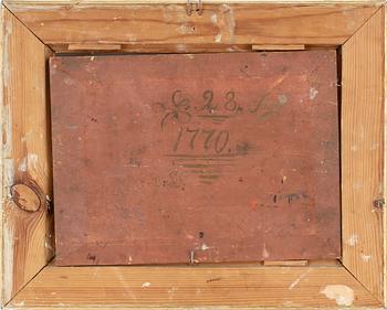 OKÄND KONSTNÄR, olja på pannå, ej signerad, bär otydliga monogram samt datering 1770 á tergo.