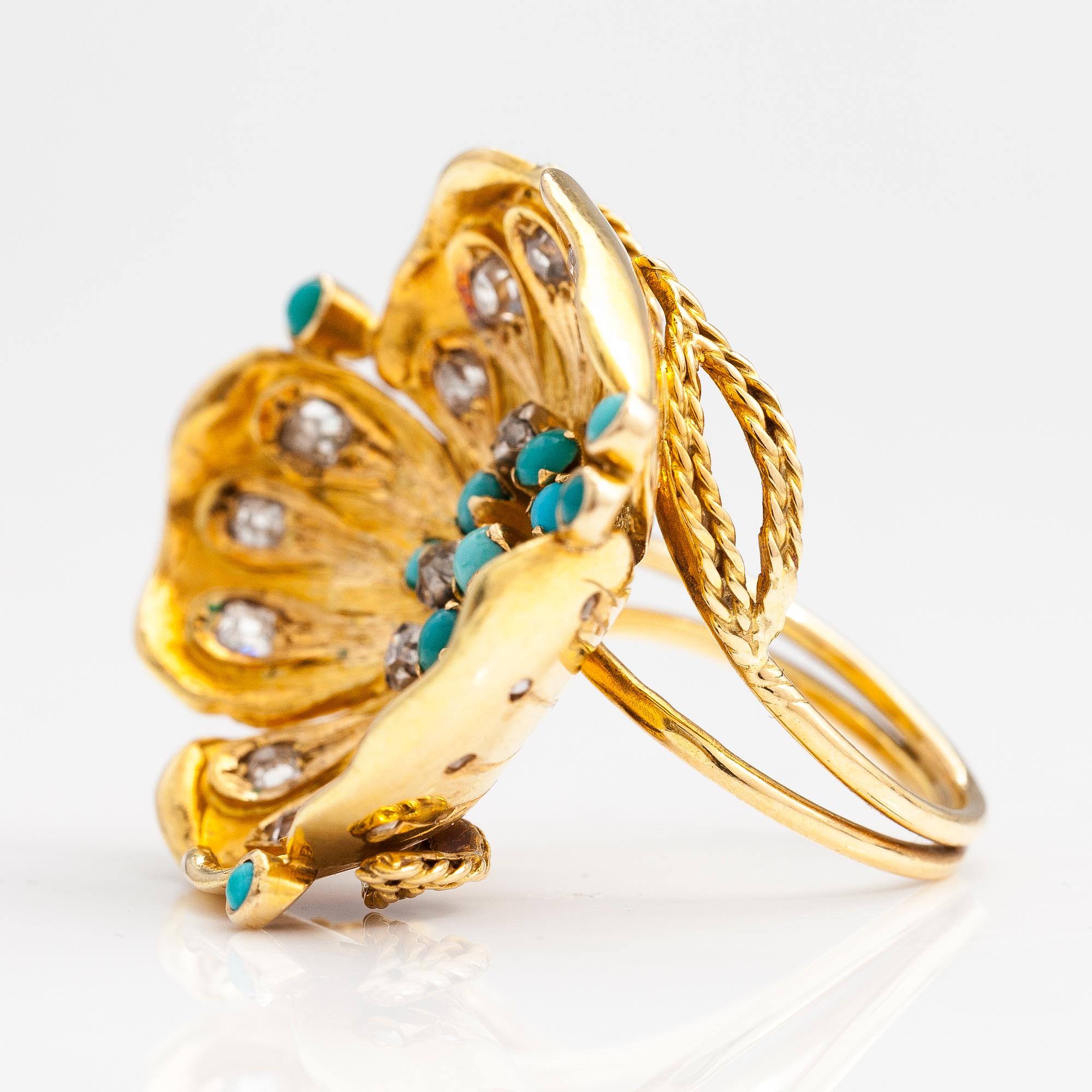 LOTTA ORKOMIES, RING, 18K guld, turkoser, old mine-cut diamanter ca 0.90 ct tot. A Tillander, Helsingfors 1974.