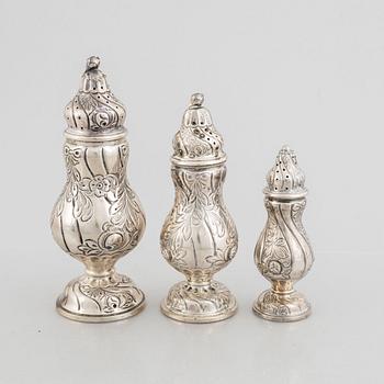 Three Rococo Style Silver Sugar Shakers, circa mid-20th Century.