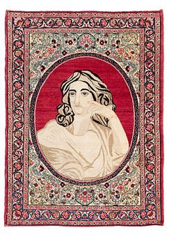 304. An antique pictoral Kerman Raver rug, c. 87 x 65 cm.