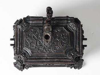 A South-German, presumably Nuremberg, Baroque iron and steel strongbox, later part of the 17th century.