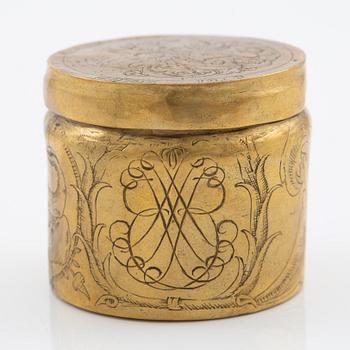 A presumably German baroque brass box, dated 1686.