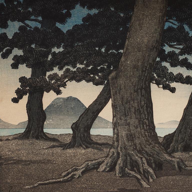 A Japanese woodblock print by Kawase Hasui titled "Pine Trees at Toyama, 20th Century.