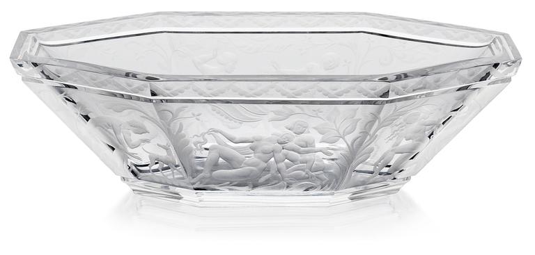 A Simon Gate engraved glass bowl, "Paradis", Orrefors 1955.
