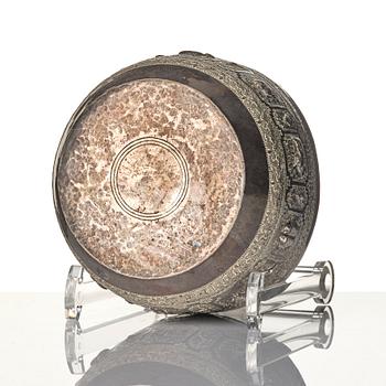 A Chinese brushpot, Qing dynasty, circa 1900. An archaistic bronze ewer and a silvered South East Asian bowl with stand.