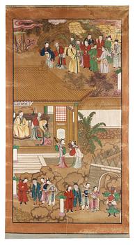262. MÅLNING, färgpigment på duk.  Qingdynastin, sent 1800-tal.