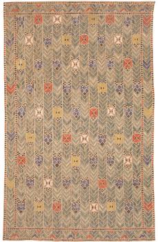 DRAPE. "Rågen". Flat weave (inplock på linnebotten). 288 x 184 cm. Signed MMF.