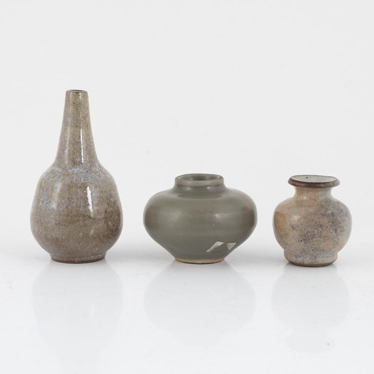 A group of three vases and two bowls, part Chinese.