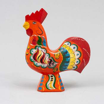 A carved wooden Dalecarlia horse and rooseter, Sweden, 1970's-80's.