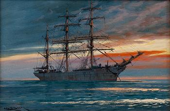 453. Adolf Bock, A SAILING SHIP IN THE SUNSET.