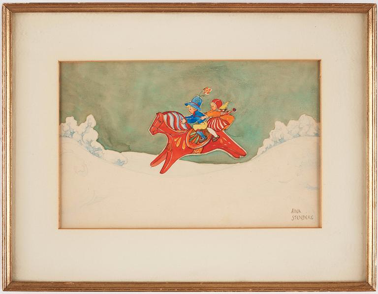 Aina Stenberg-Masolle, Winter landscape with children riding a Dalecarlian horse.