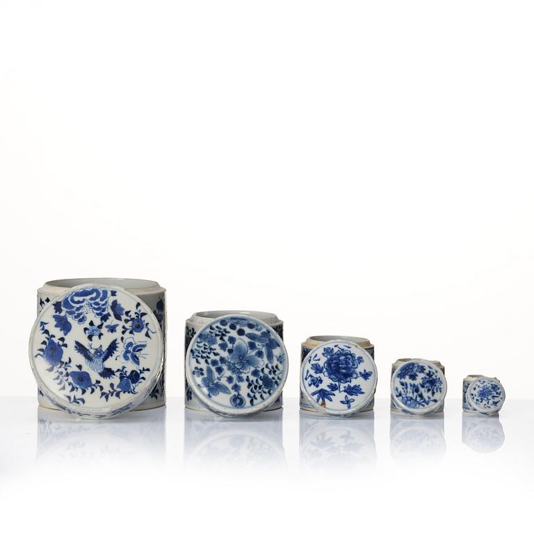 A set of five blue and white jars, Qing dynasty, 19th century.