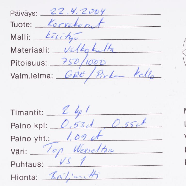 ÖRHÄNGEN, 18K vitguld, diamanter, tot. 1,09 ct. Intyg Pirkan Kello. Vikt ca 3,6 g.