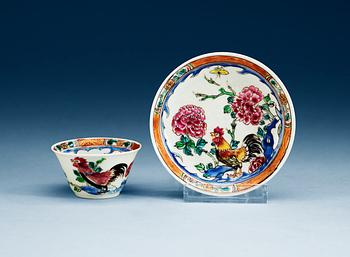 A famille rose 'rooster' cup with saucer, Qing dynasty, Yongzheng (1723-35).