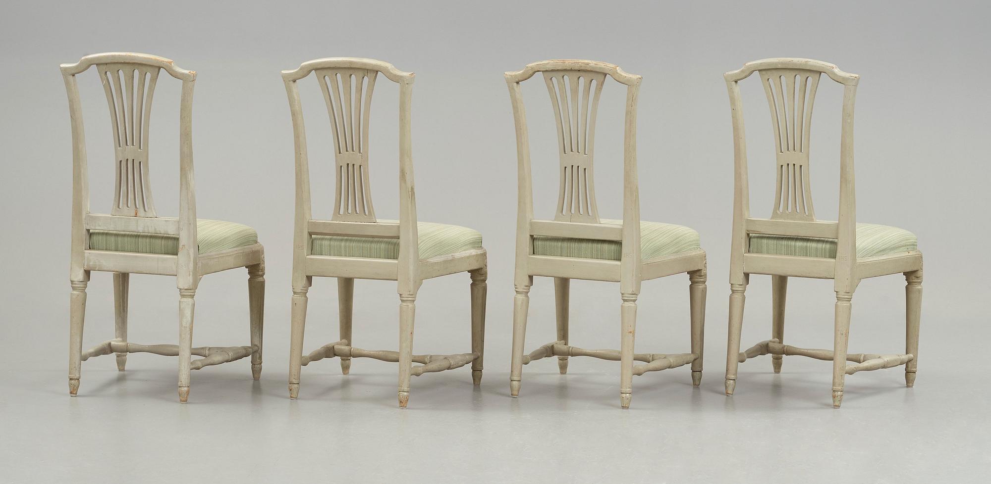 STOLAR, fyra stycken, av Johan Hammarström (mästare i Stockholm 1794-1812), sengustavianska.