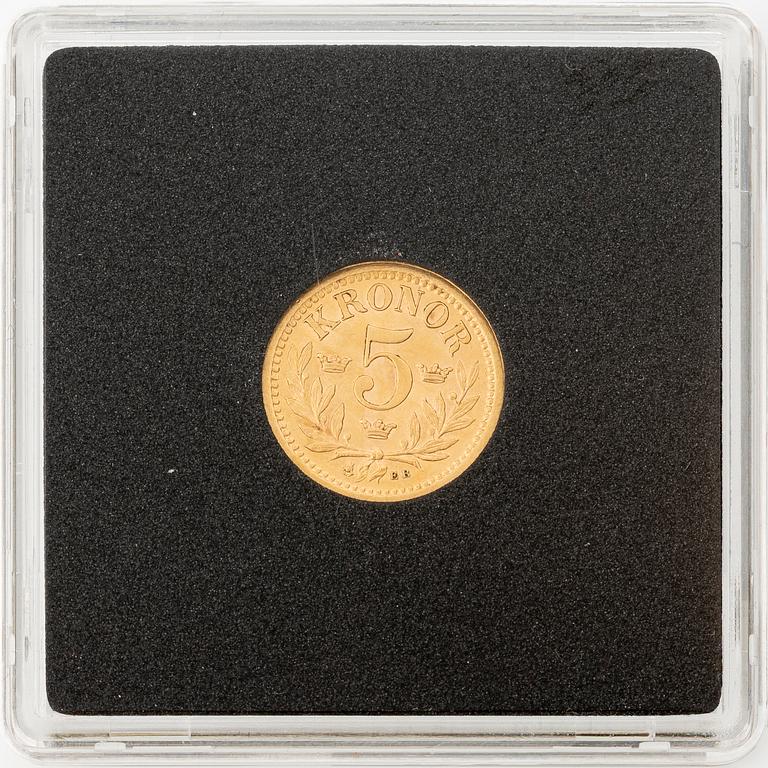Gold coin, Oscar II, 5 kronor, type I, Sweden 1899,