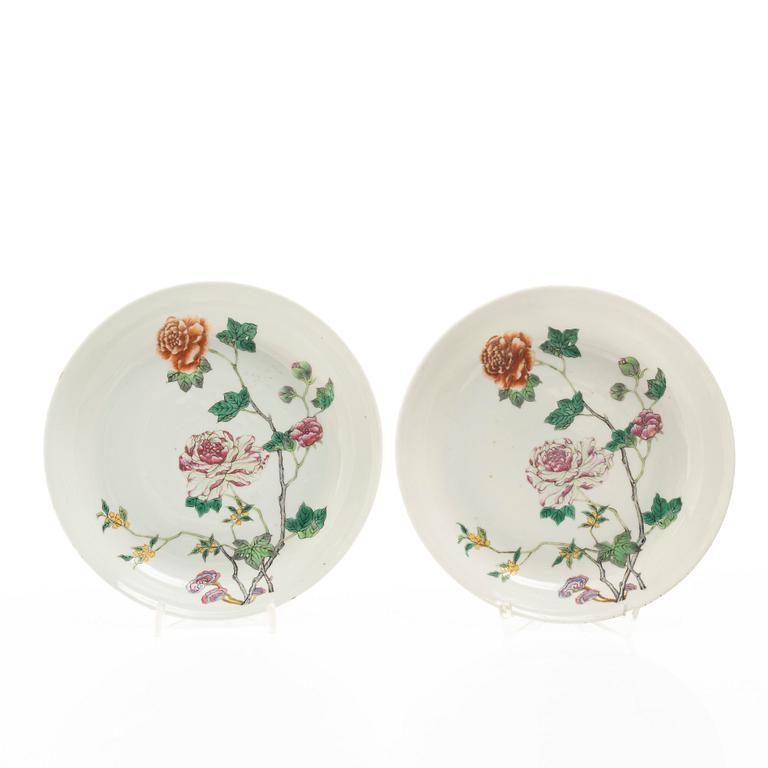 A set of four famille rose floral dishes, Qing dynasty with a apocryphal six character mark.