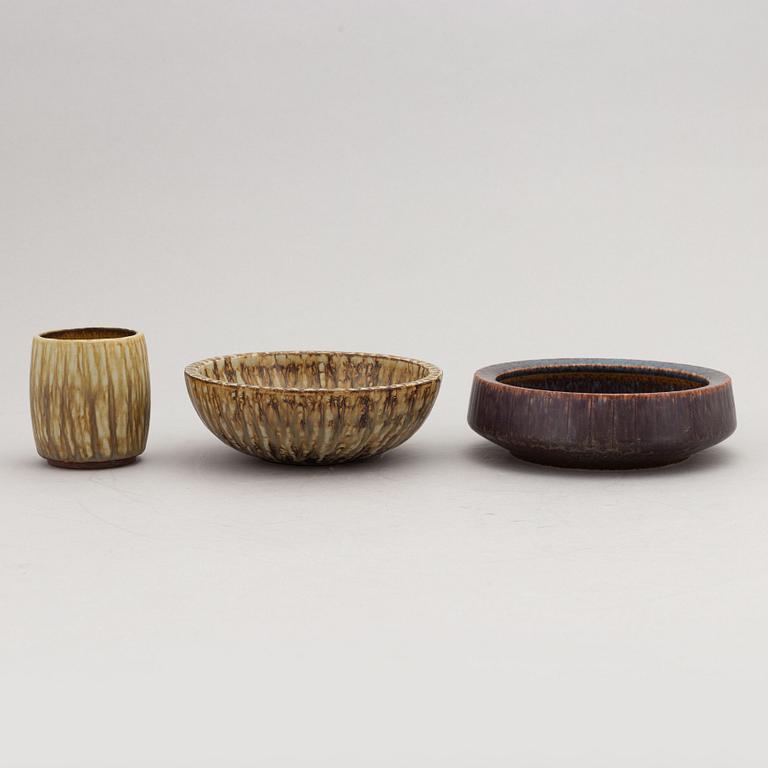 Gunnar Nylund, a set of two stoneware ashtrays, three bowls, a jug and a vase, Rörstrand.