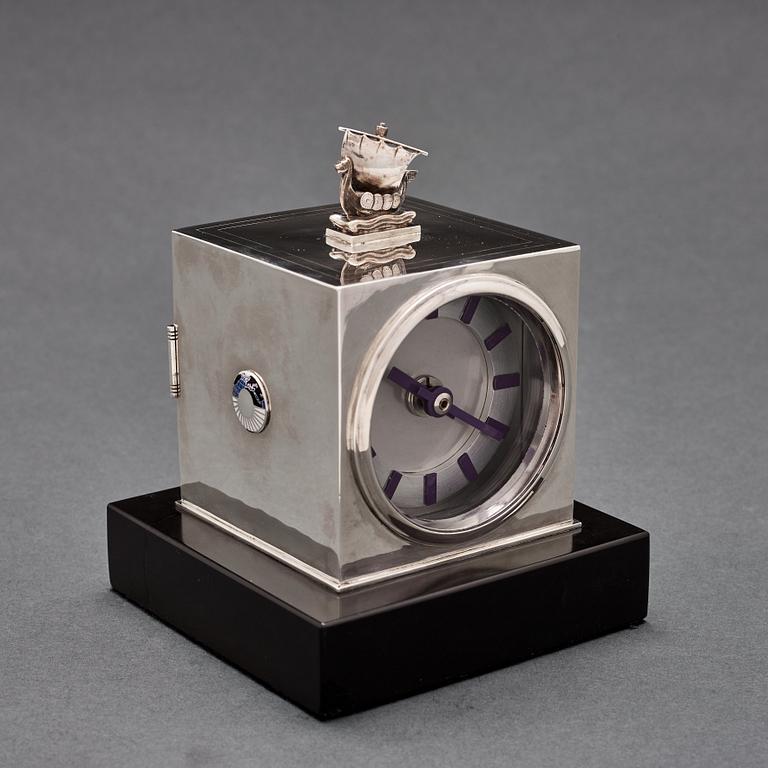 Atelier Borgila, a sterling table clock with enamelled details, Stockholm 1931.