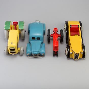 Four wood and plastic toys, Brio and Luck, Sweden, mid 20th century.