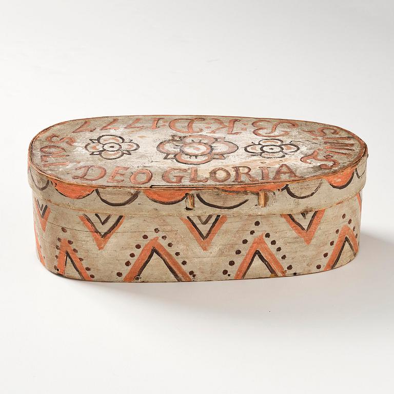 A Swedish painted wooden box from Halland/Småland, dated 1777.