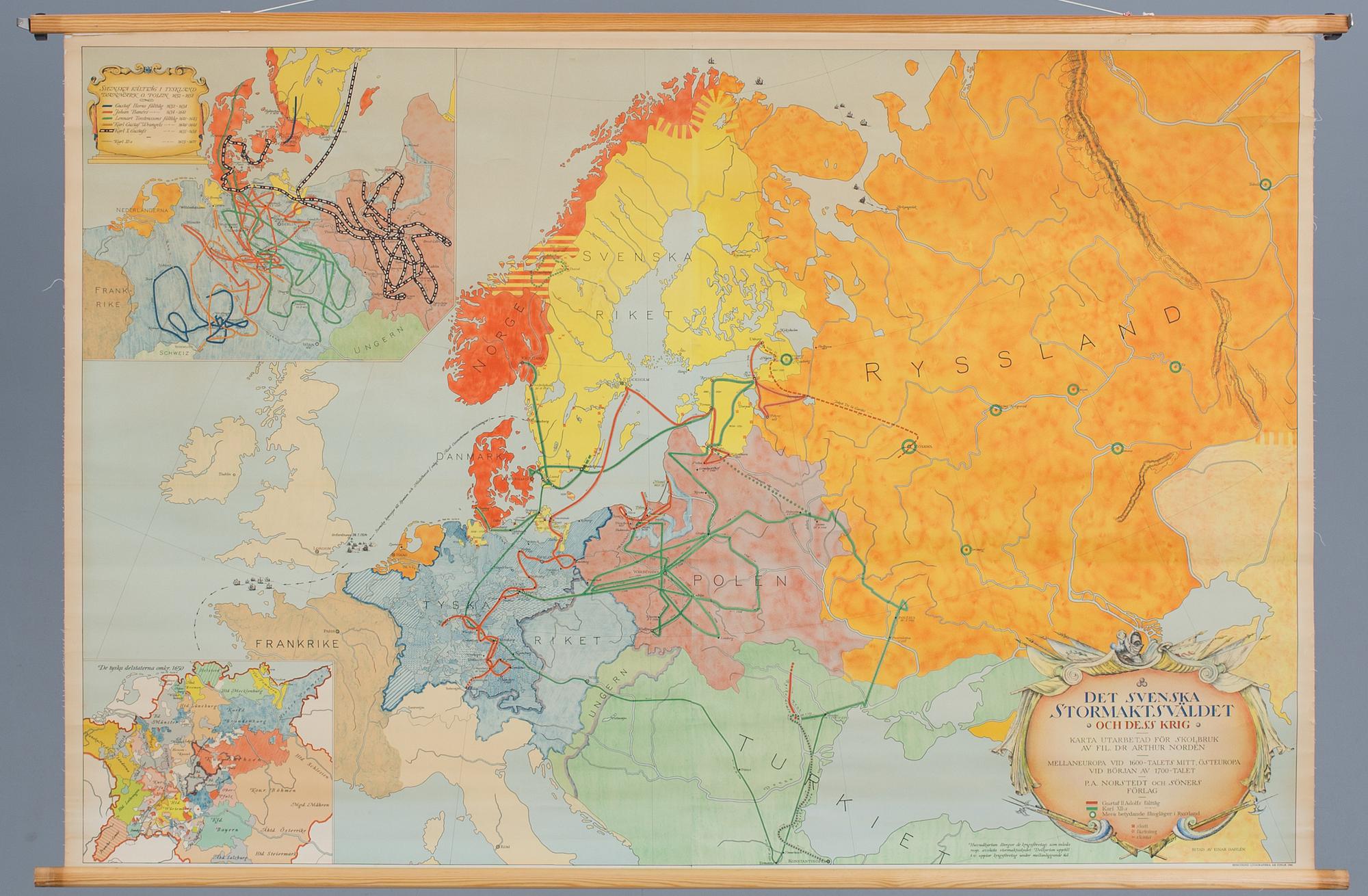 SKOLKARTA ÖVER EUROPA, "Svenska Stormaktsväldet och dess krig", P.A Norstedt och Söners förlag. Tyckt Stockholm 1946.