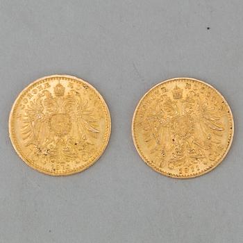 Two 10 kr gold coin, Austria-Hungary, 1910 and 1911.