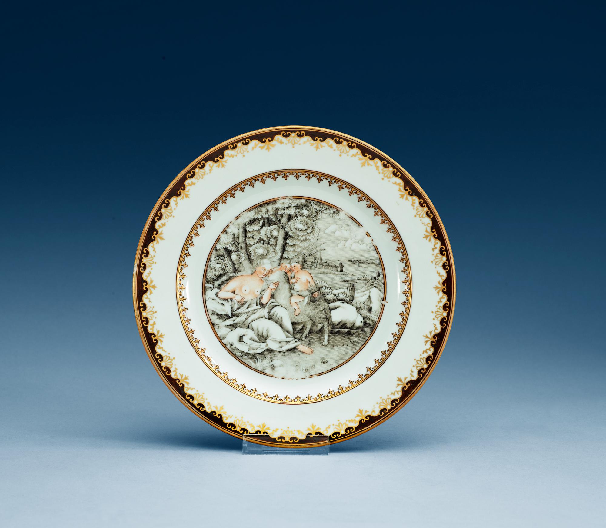 A grisaille decorated 'European-Subject' dinner plate, Qing dynasty, Qianlong (1736-95).