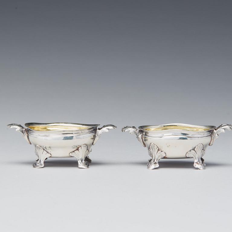 A mached pair of Swedish Rococo parcel-gilt silver salt-cellars, mark of Johan Bergengren, Kristianstad 1777 and 1780.