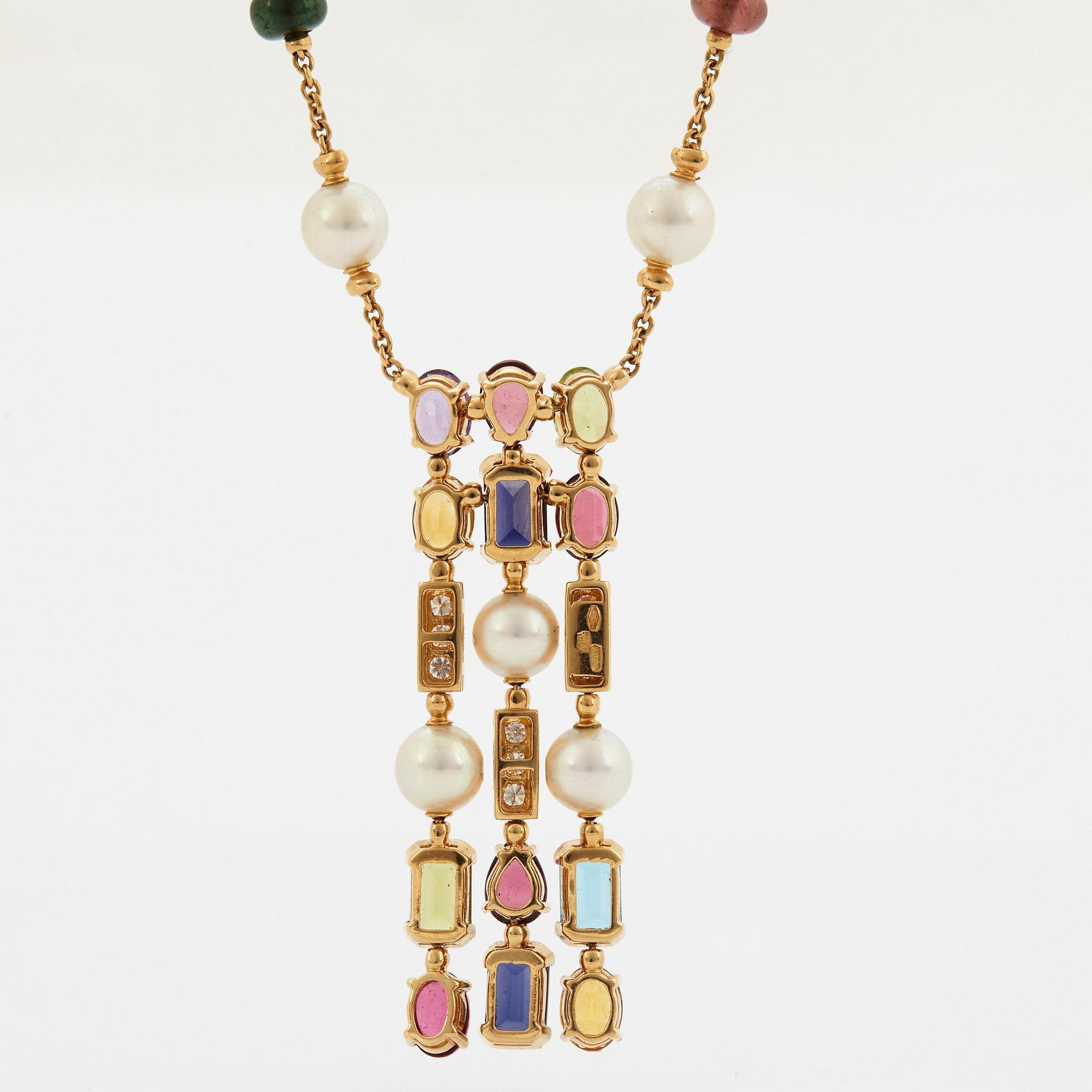 A Bulgari necklace "Allegra" in 18K gold set with coloured stones, cultured pearls and diamonds.