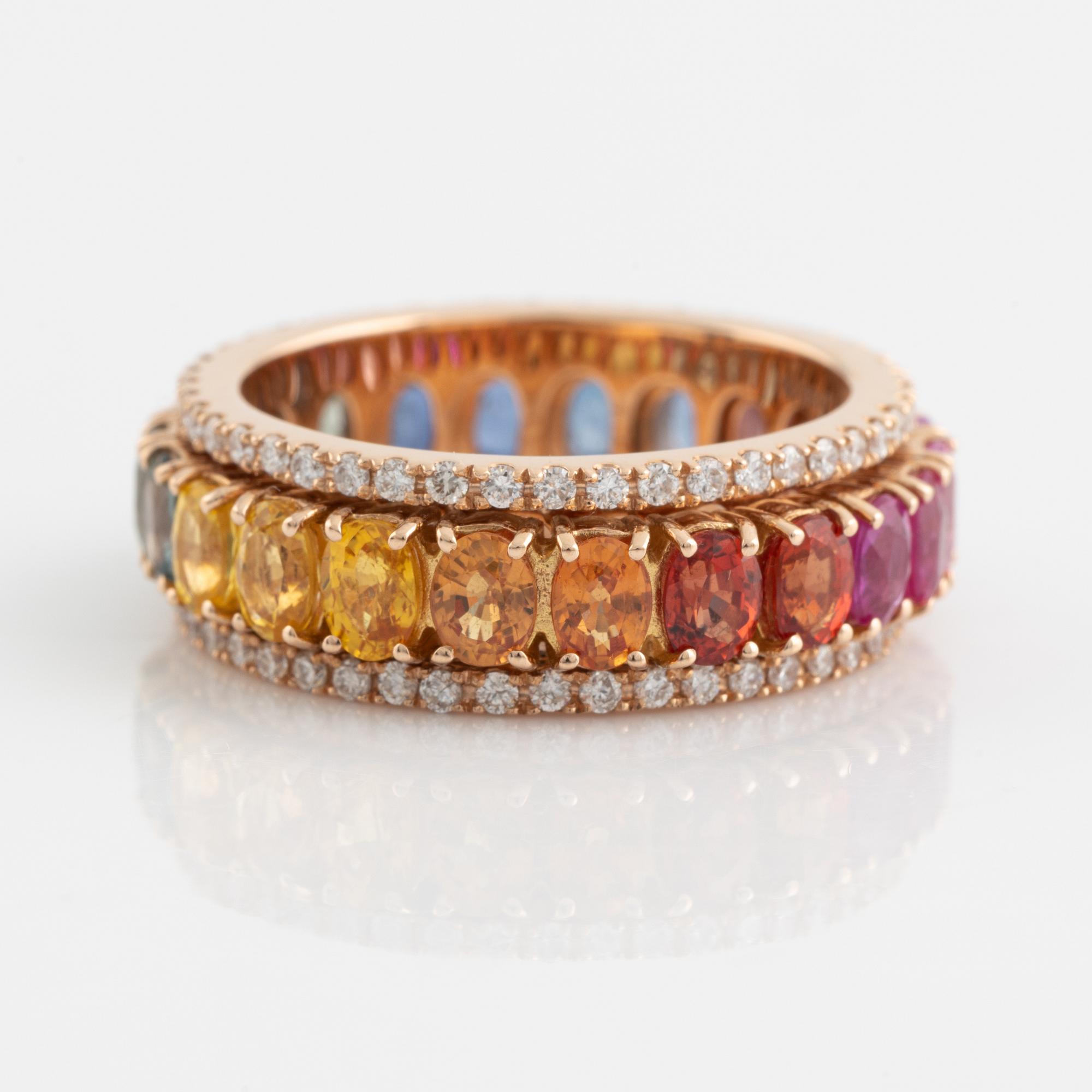 Multi coloured sapphire and brilliant cut diamond ring.