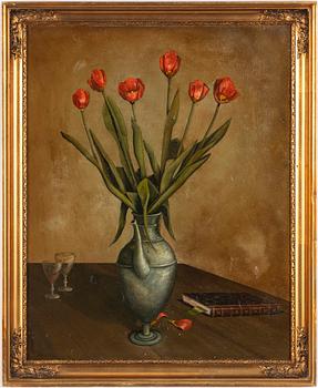 Unknown artist, Still life with tulips and book.