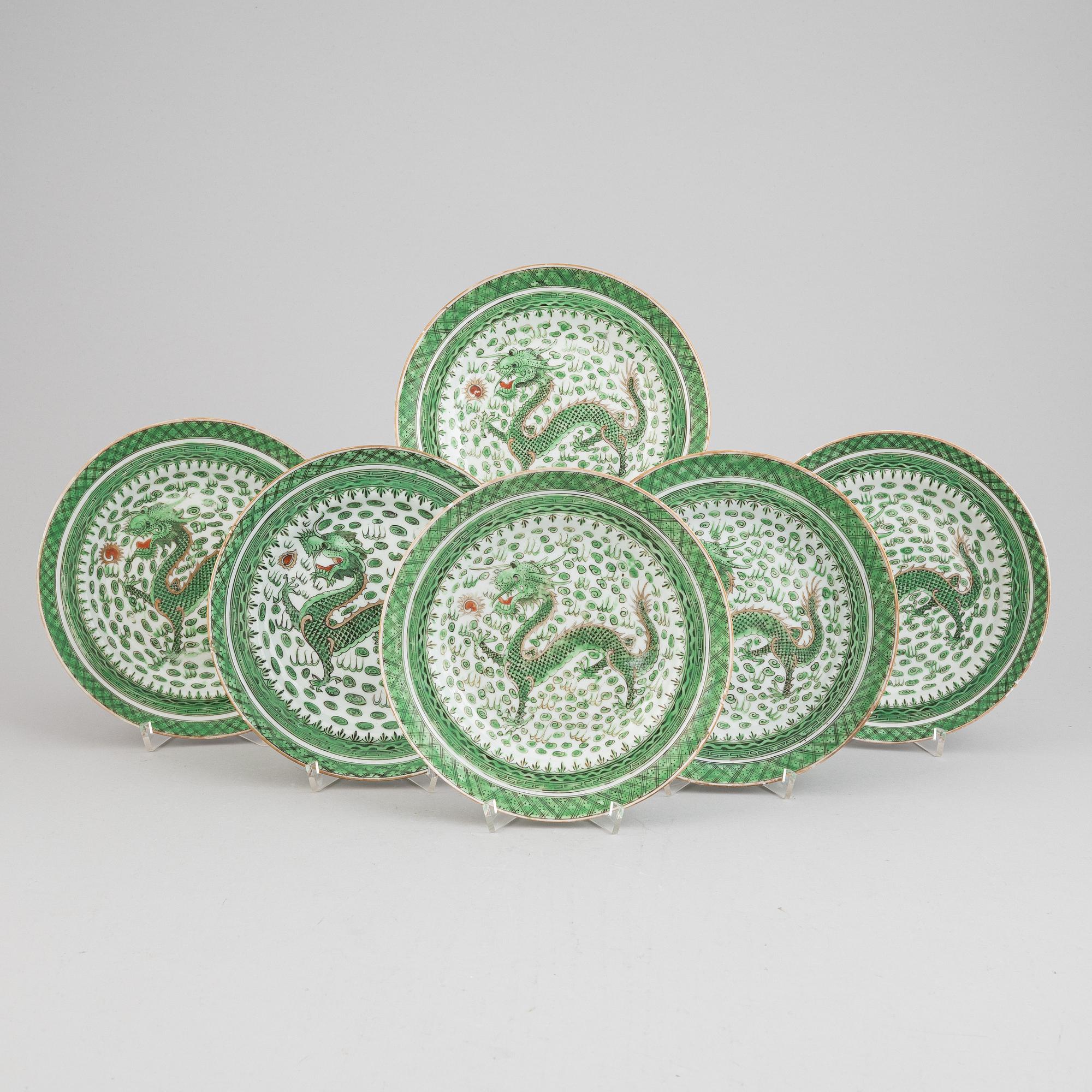 A set of six Chinese, Canton porcelain plates, around the year 1910.