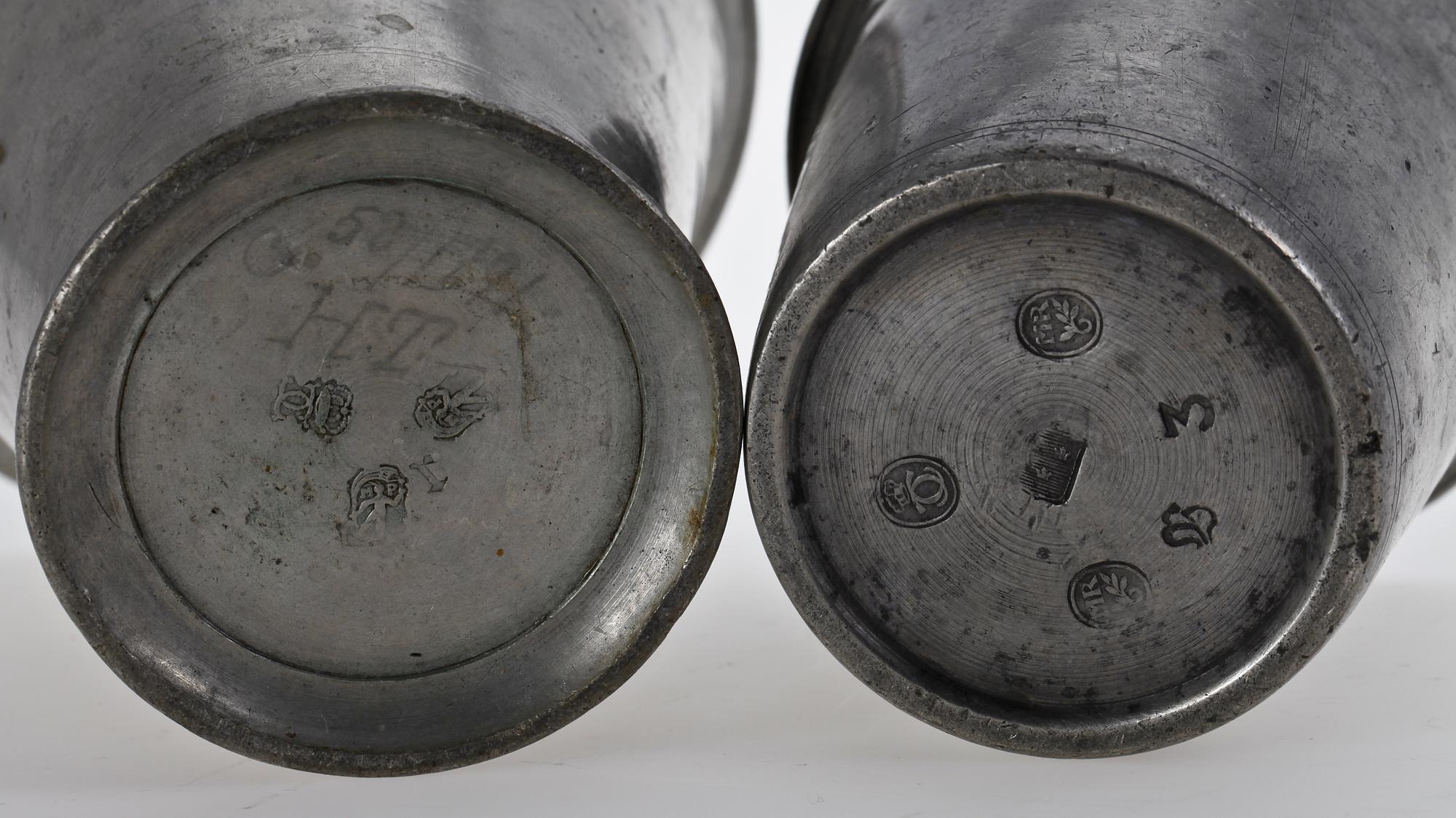 BÄGARE, 2 st, tenn, Karlskrona, 1700/1800-tal.