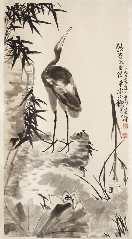 Li Kuchan, "Crane, Cliff, Bamboo and Lotus", a fine hanging scroll, signed and dated 1959.