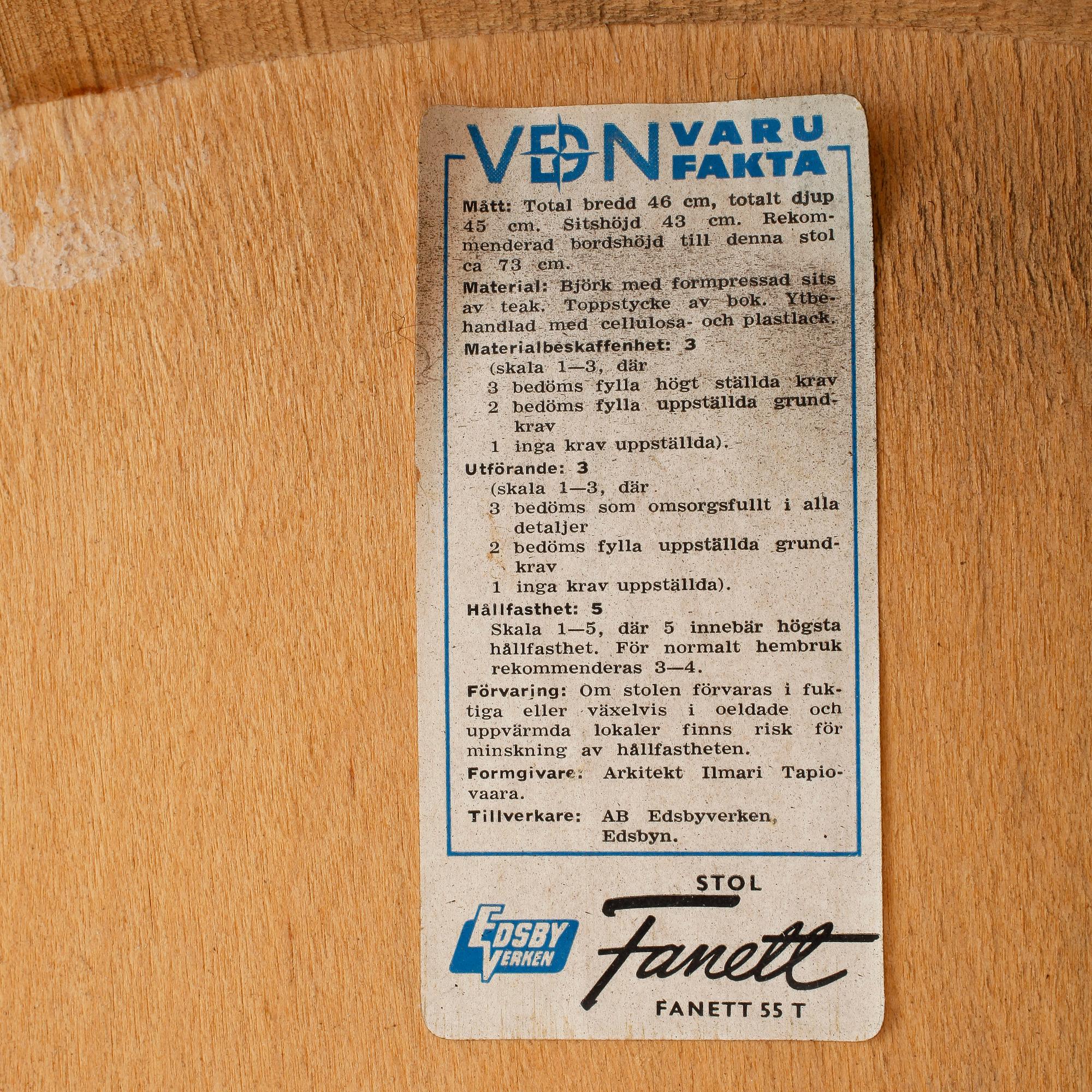 STOLAR, 4 st, "Fanett", Ilmari Tapiovaara, Edsbyverken.