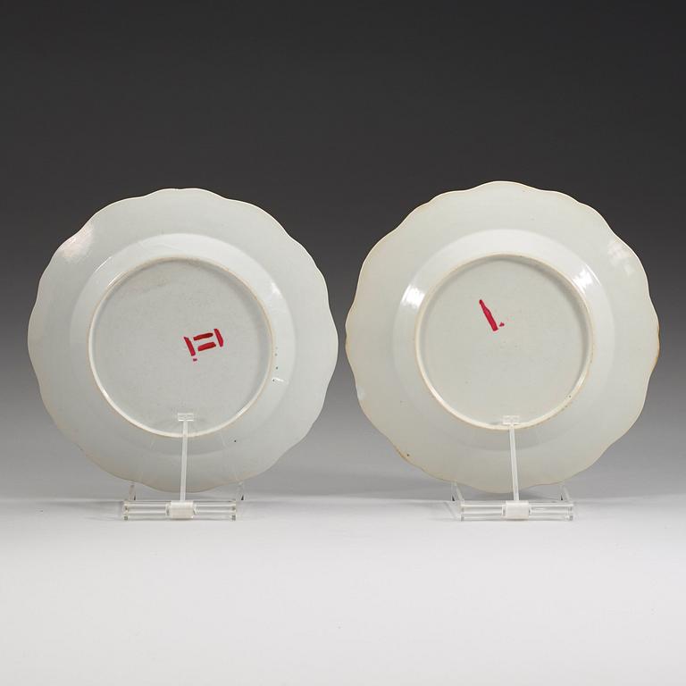 A pair of famille rose armorial dishes for Claes Alströmer, Qing dynasty, Qianlong (1736-95), ca 1770.