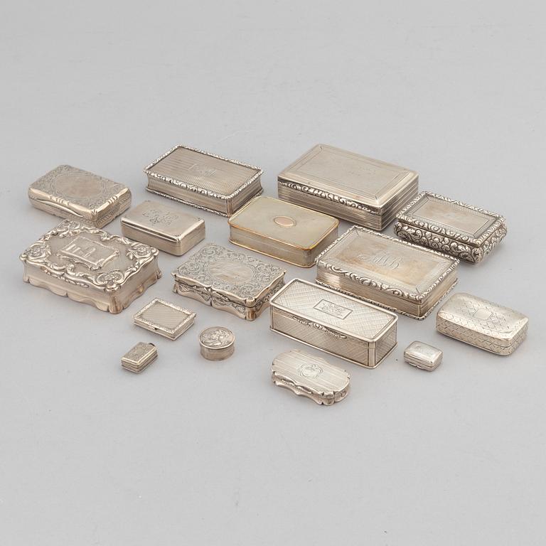 16 silver boxes, including Nathaniel Mills, Birmingham, 1825, John Lint, London, 1816, and Charles Cooke, 1908.