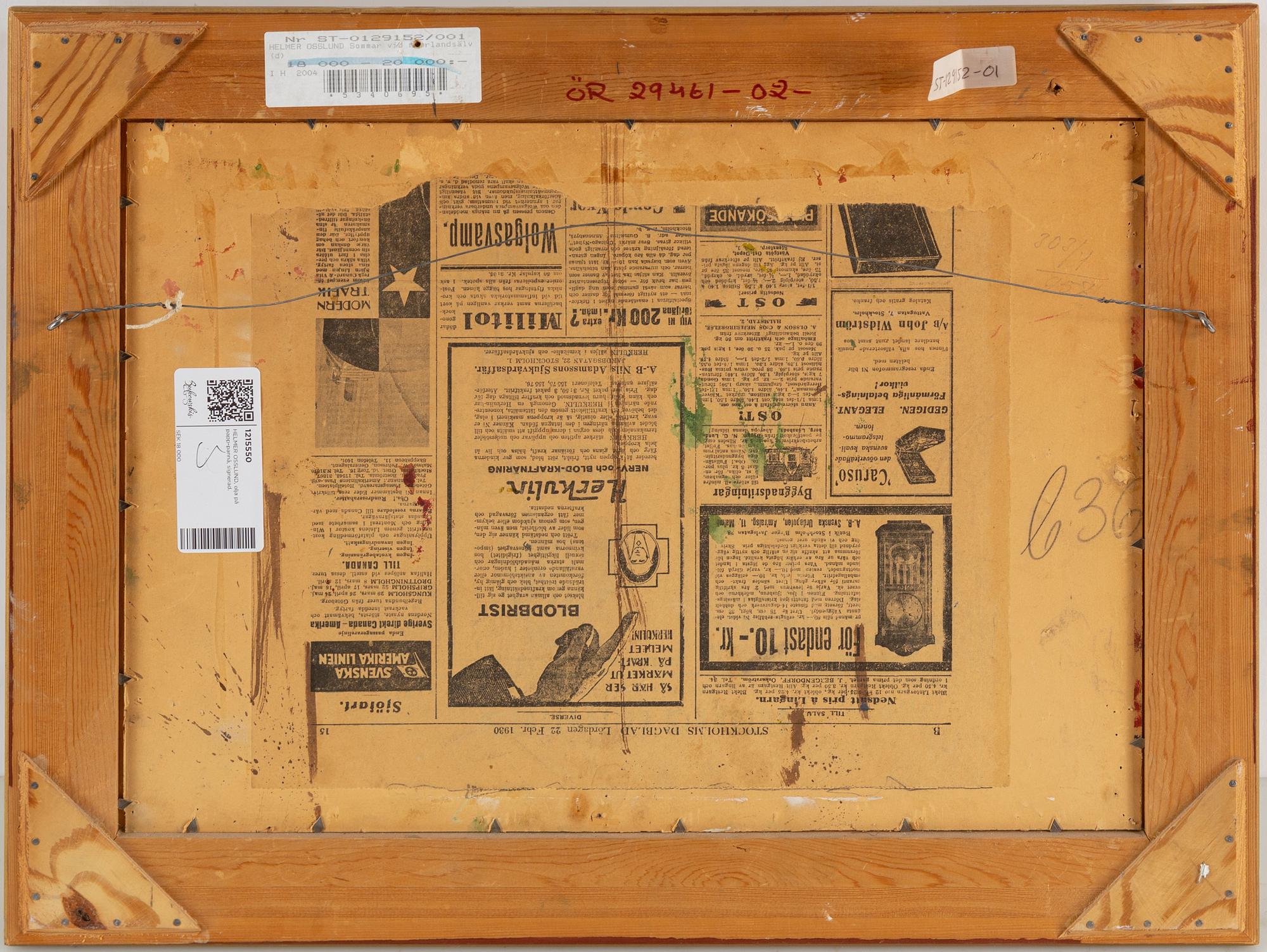 HELMER OSSLUND, oil on paper-panel, signed.