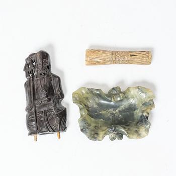 A Chinese green stone brush washer, a carved bone and a soapstone figure, partly Qing dynasty.